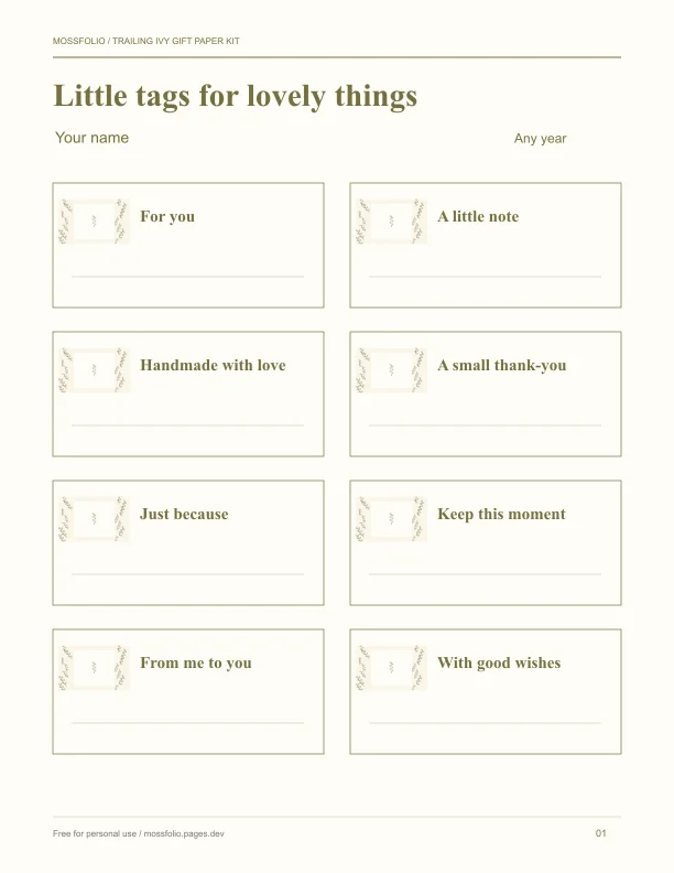 First page of Trailing Ivy Gift Paper Kit; four-page free printable PDF