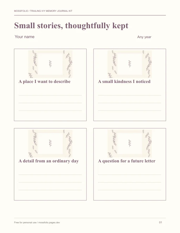 First page of Trailing Ivy Memory Journal Kit; four-page free printable PDF