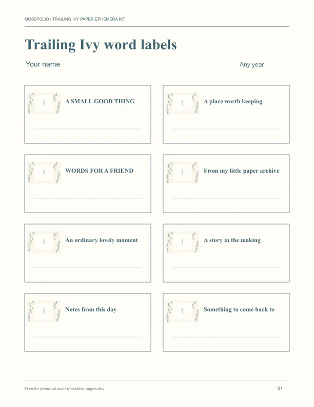 First page of Trailing Ivy Paper Ephemera Kit; four-page free printable PDF