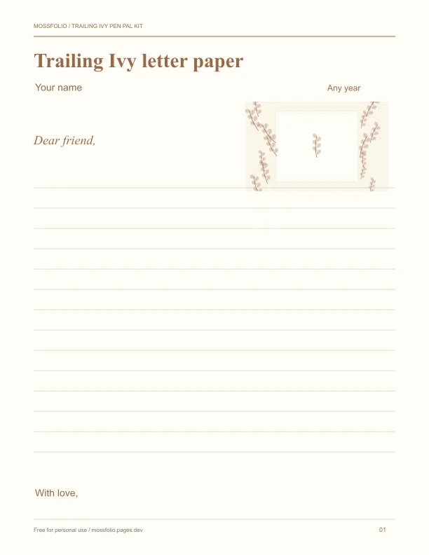 First page of Trailing Ivy Pen Pal Kit; four-page free printable PDF