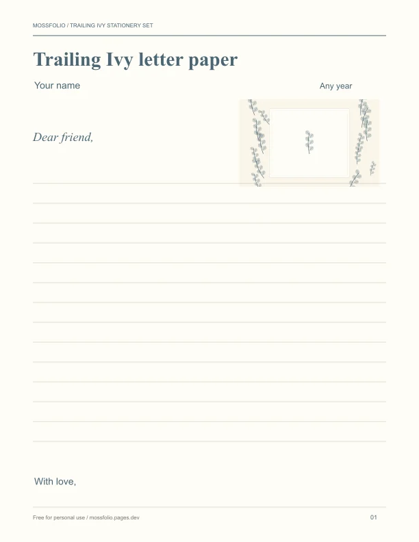 First page of Trailing Ivy Stationery Set; four-page free printable PDF