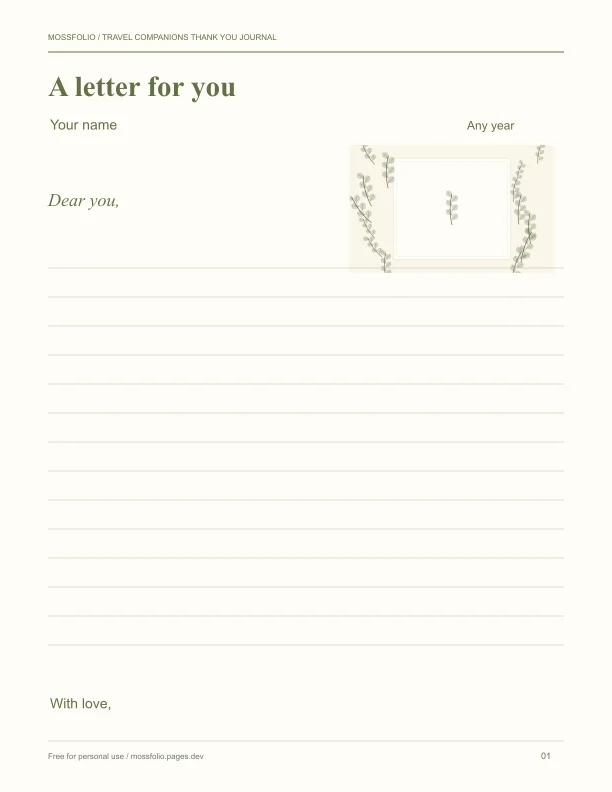 First page of Travel Companions Thank You Journal; four-page free printable PDF