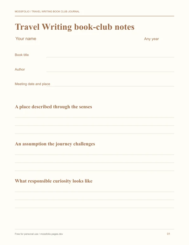 First page of Travel Writing Book Club Journal; four-page free printable PDF