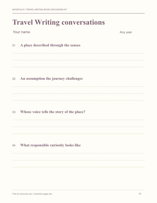 First page of Travel Writing Book Discussion Kit; four-page free printable PDF