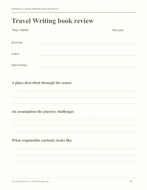 First page of Travel Writing Book Review Kit; four-page free printable PDF