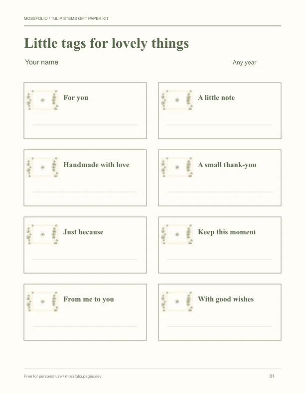 First page of Tulip Stems Gift Paper Kit; four-page free printable PDF