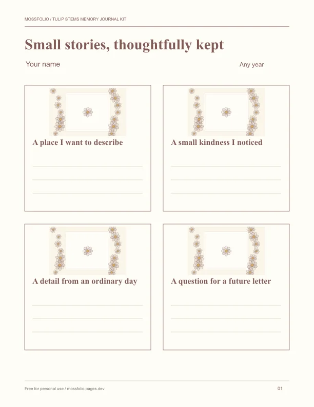 First page of Tulip Stems Memory Journal Kit; four-page free printable PDF