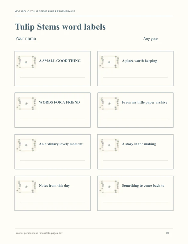 First page of Tulip Stems Paper Ephemera Kit; four-page free printable PDF
