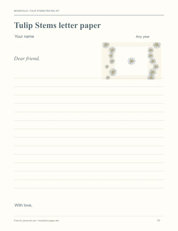 First page of Tulip Stems Pen Pal Kit; four-page free printable PDF