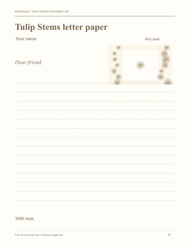First page of Tulip Stems Stationery Set; four-page free printable PDF