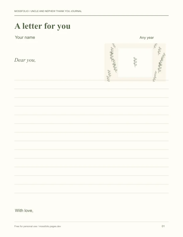 First page of Uncle and Nephew Thank You Journal; four-page free printable PDF