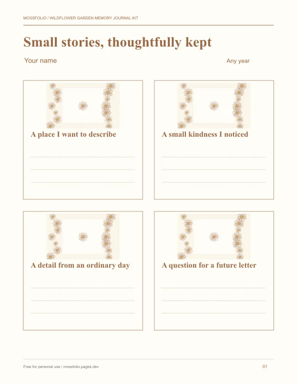 First page of Wildflower Garden Memory Journal Kit; four-page free printable PDF
