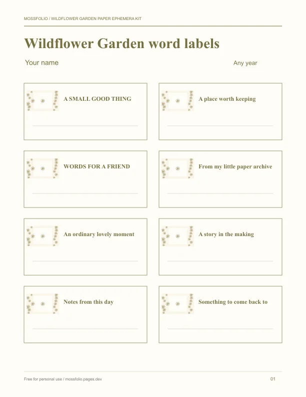 First page of Wildflower Garden Paper Ephemera Kit; four-page free printable PDF