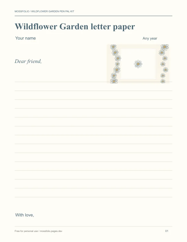 First page of Wildflower Garden Pen Pal Kit; four-page free printable PDF