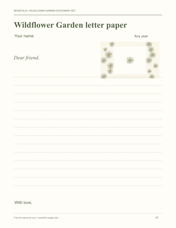 First page of Wildflower Garden Stationery Set; four-page free printable PDF