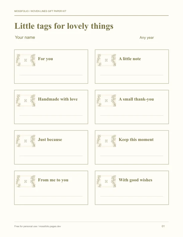 First page of Woven Lines Gift Paper Kit; four-page free printable PDF