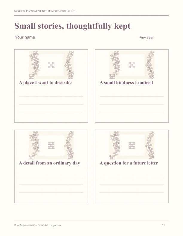 First page of Woven Lines Memory Journal Kit; four-page free printable PDF