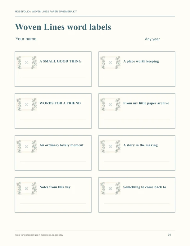 First page of Woven Lines Paper Ephemera Kit; four-page free printable PDF