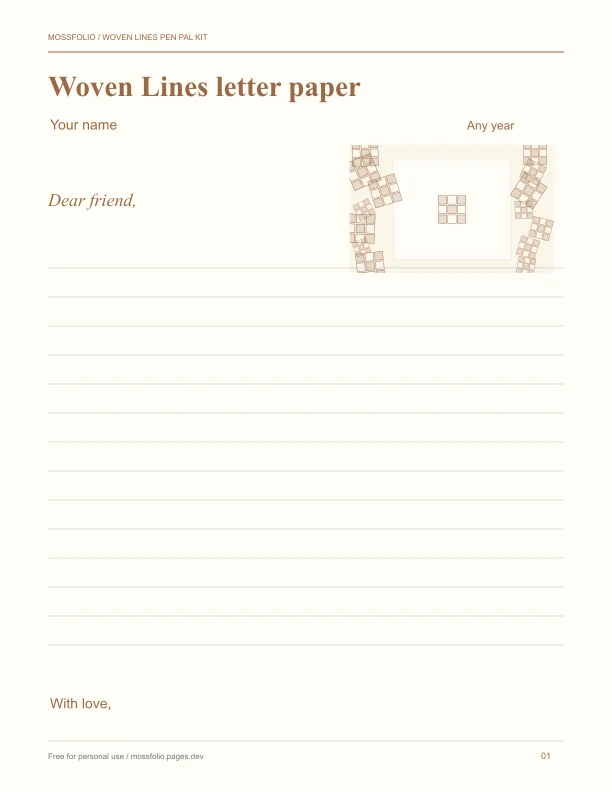 First page of Woven Lines Pen Pal Kit; four-page free printable PDF