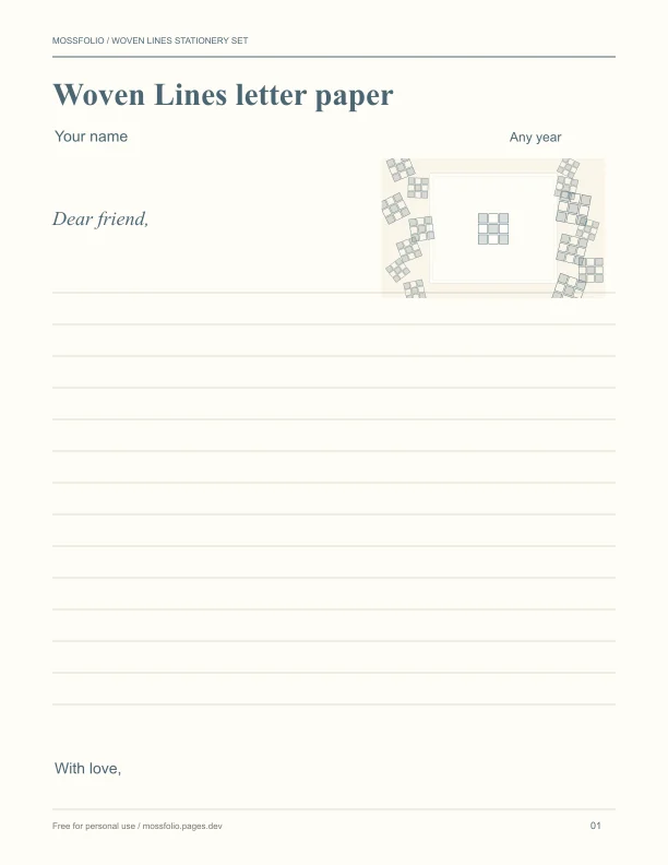 First page of Woven Lines Stationery Set; four-page free printable PDF