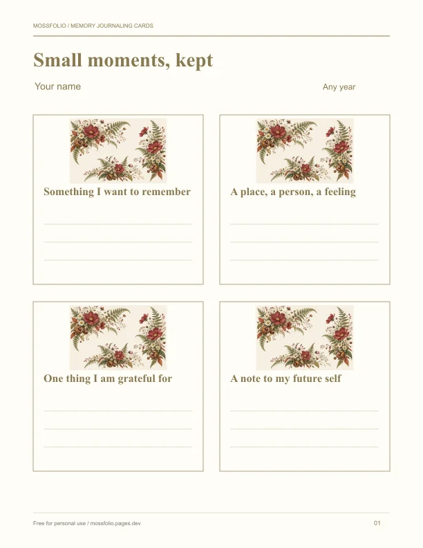 First page of Memory journaling cards; four-page free printable PDF