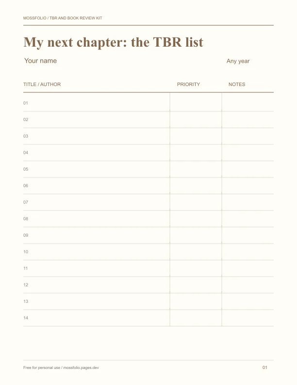 First page of TBR and book review kit; four-page free printable PDF