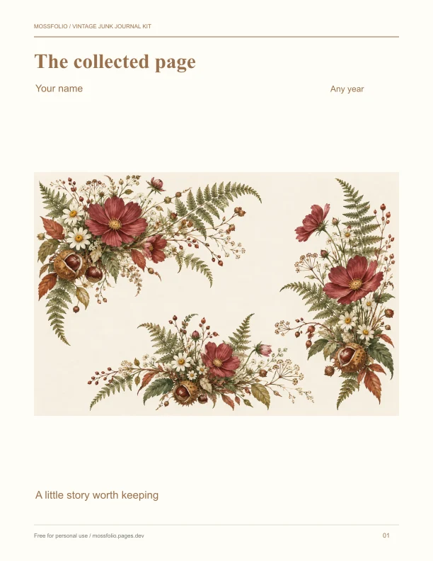 First page of Vintage junk journal kit; four-page free printable PDF
